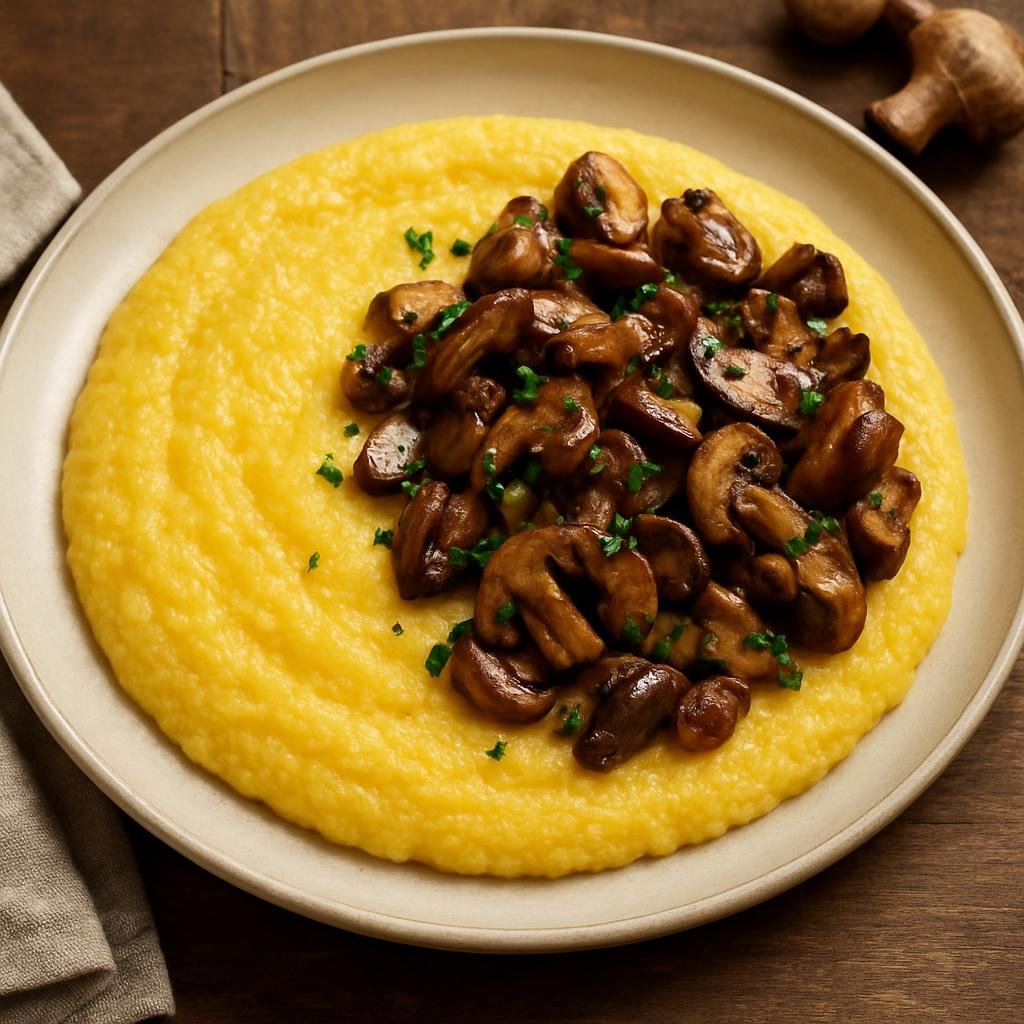 Entree: Italy – Trentino-Alto Adige – Polenta e Funghi (Creamy cornmeal polenta served with sautéed wild mushrooms) recipe