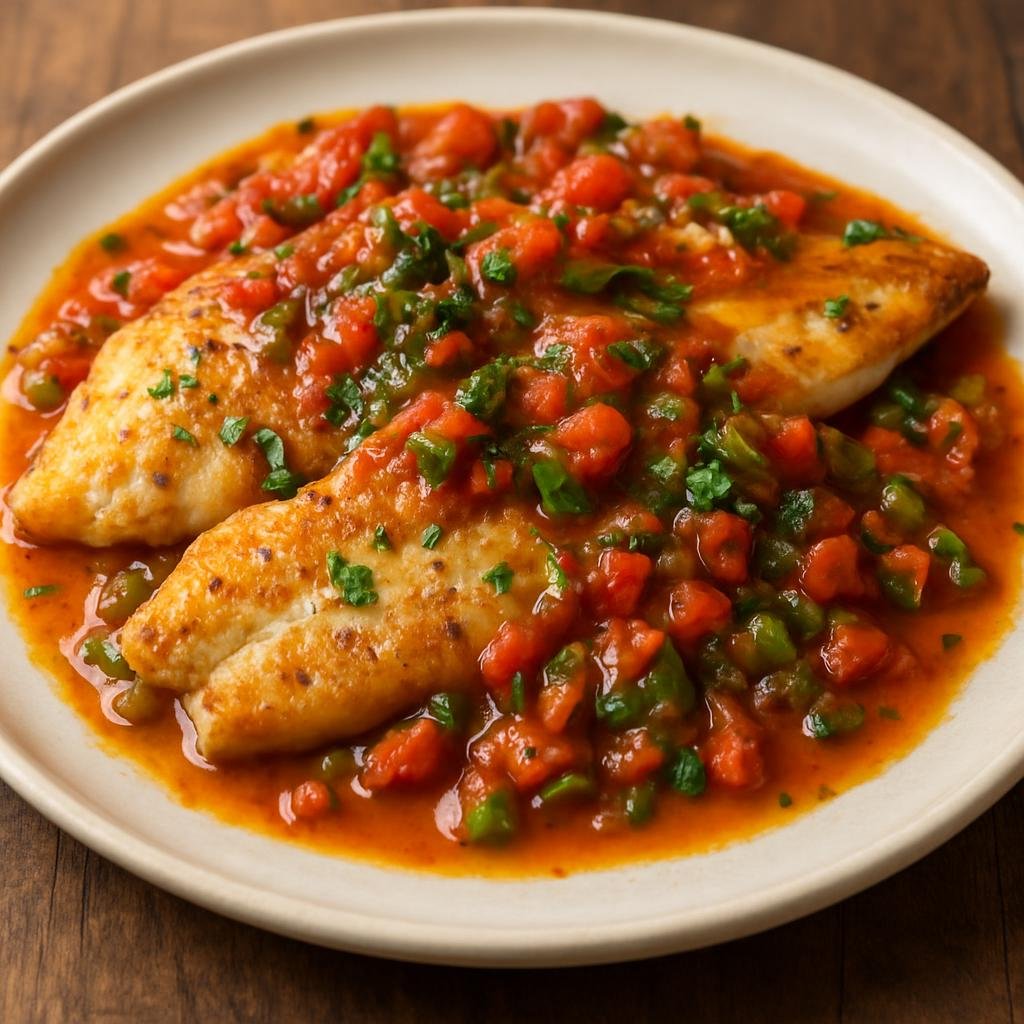 Entree: Mexico – Tabasco – Robalo a la Tabasqueña (Pan-seared snook fillets dressed in a Tabasqueña tomato, green chile, and herb sauce) recipe
