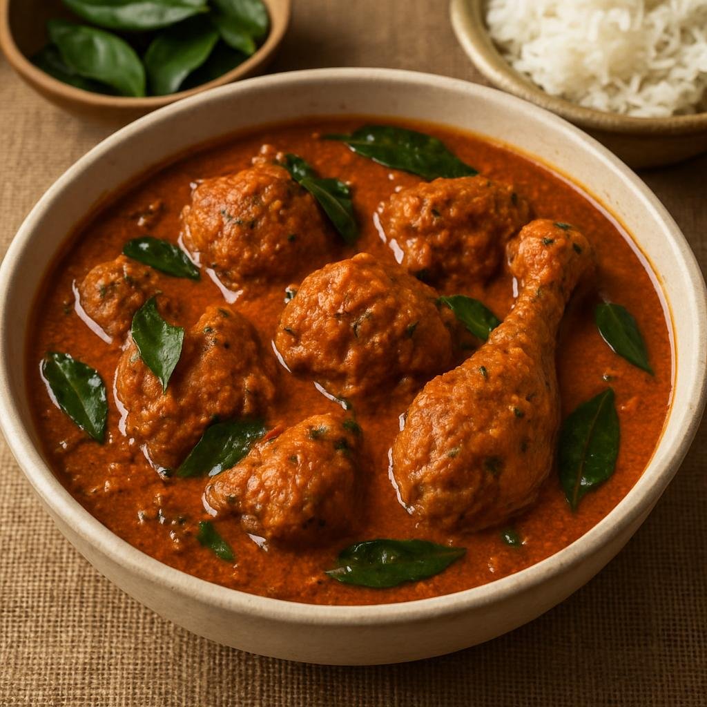 Entree: India – Karnataka Coast – ಕುಂದಾಪುರ ಚಿಕನ್ ಕರಿ ➤ Kundāpura Chicken Kari (Coastal Karnataka chicken curry made with a roasted coconut-spice paste and curry leaves) recipe