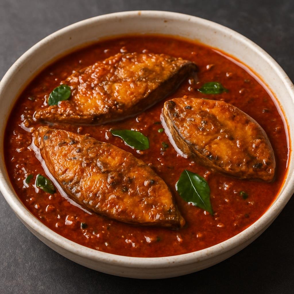 Entree: India – Karnataka Coast – ಬಂಗುಡೆ ಪುಲಿಮುಂಚಿ ➤ Bangude Pulimunchi (Spicy tangy mackerel curry cooked in a tamarind and roasted-spice gravy typical of the Karnataka coast) recipe