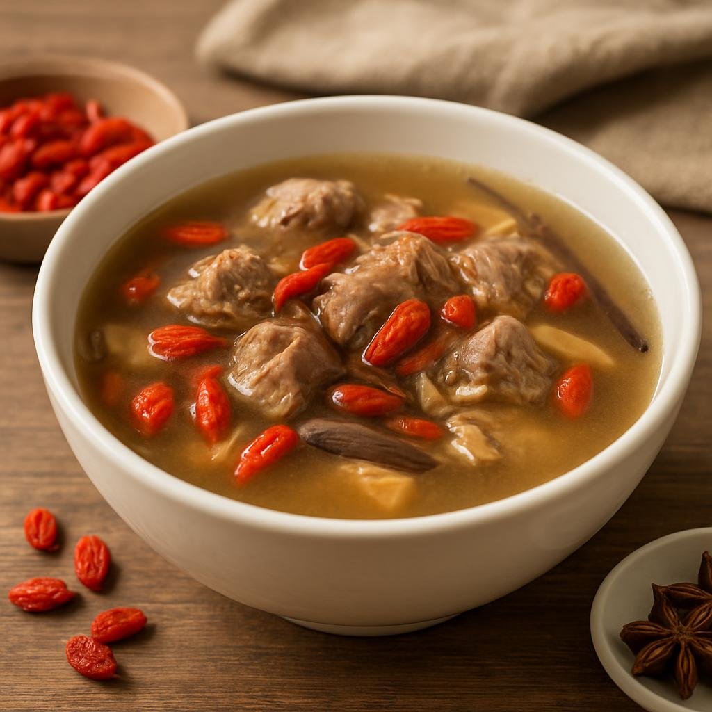 Entree: China – Ningxia – 枸杞羊肉汤 ➤ Gǒuqǐ yángròu tāng (Clear, slow-simmered lamb soup flavored with goji berries and warming Chinese aromatics) recipe