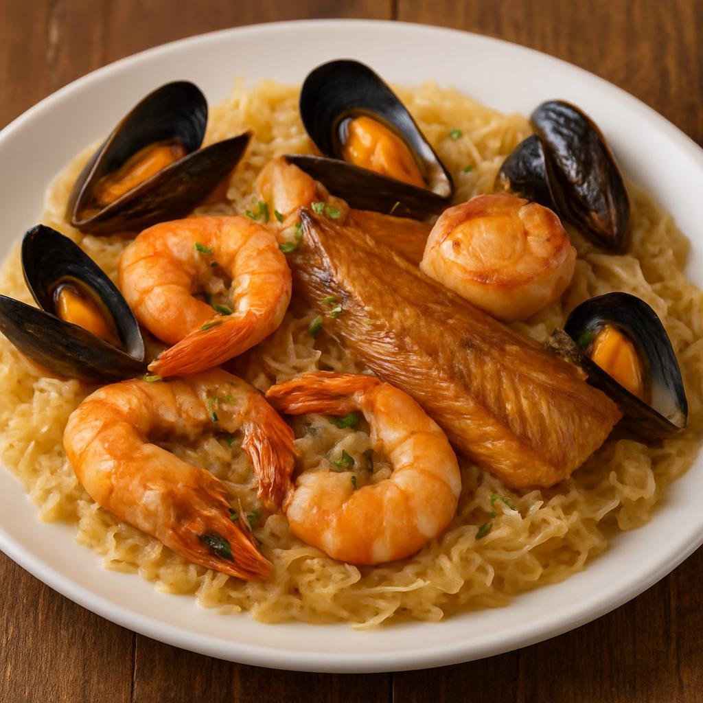 Entree: France – Normandy – Choucroute de la Mer (Braised sauerkraut topped with an assortment of Normandy seafood and smoked fish) recipe