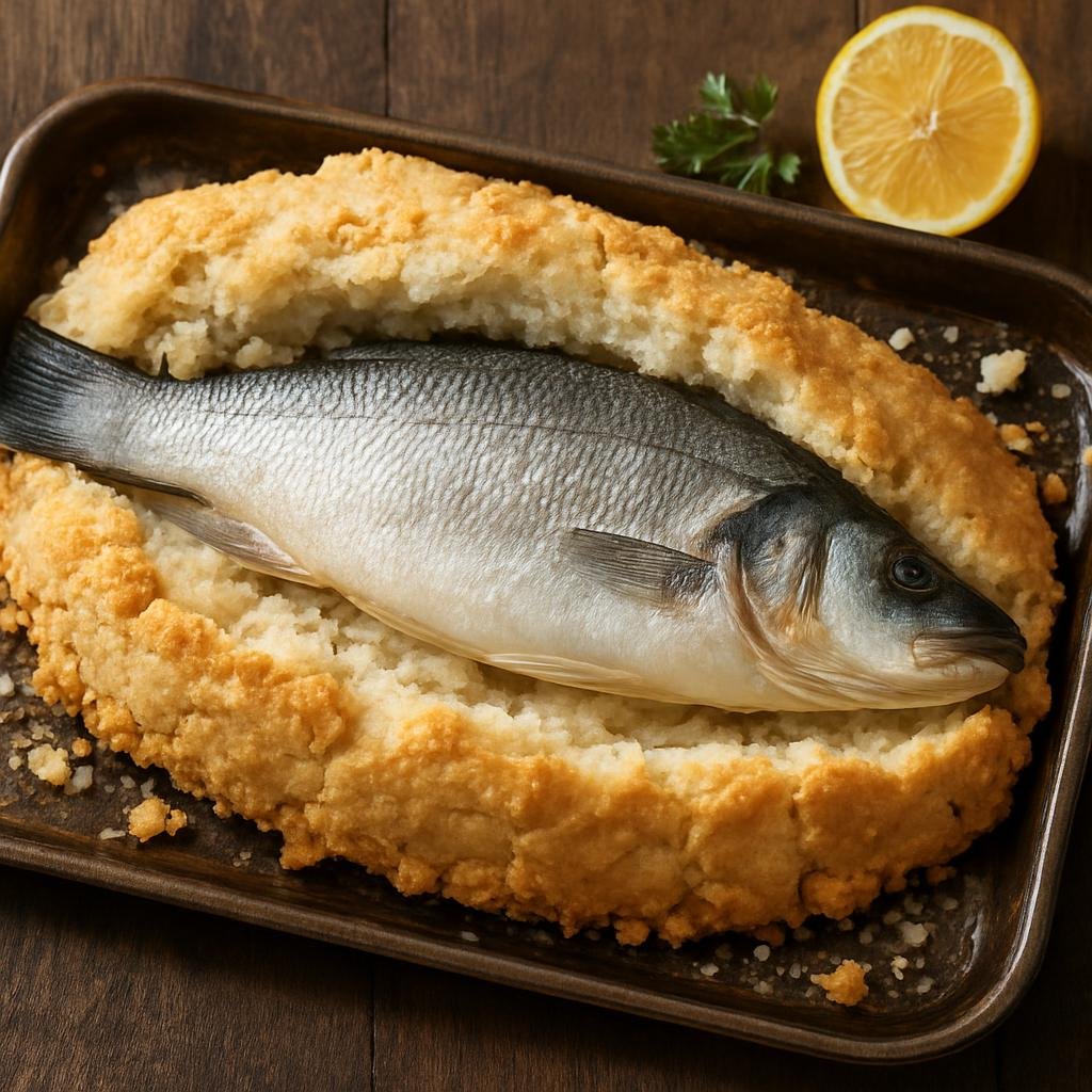 Entree: France – Normandy – Bar en Croûte de Sel (Whole sea bass baked in a salt crust so the fish steams in its own juices for a moist, delicately seasoned fillet) recipe