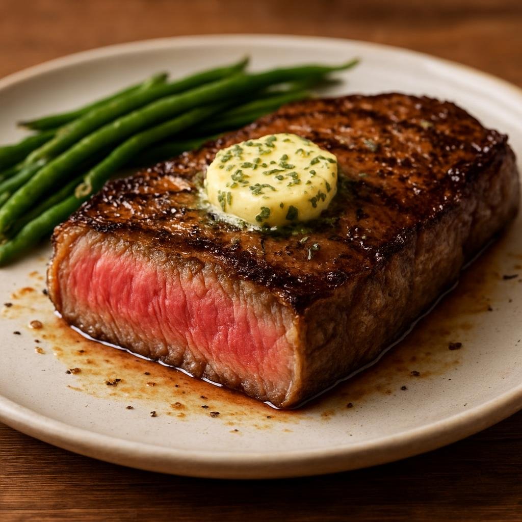 Entree: United States – Mid-Atlantic – New York Strip Steak (Boneless strip steak, pan-seared or grilled and finished with herb butter) recipe