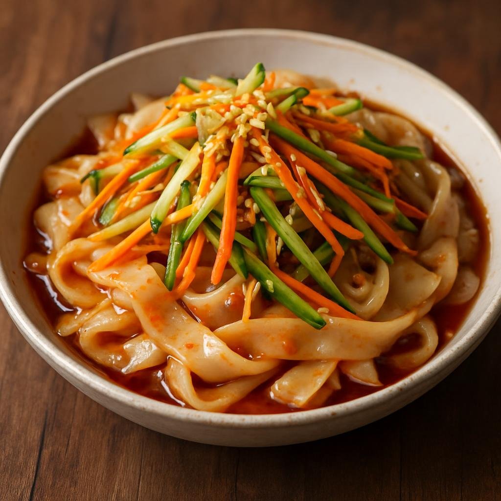 Entree: China – Northeast Dongbei – 东北大拉皮 ➤ Dōngběi Dà Lāpí (Cold wide starch noodles tossed with shredded vegetables, sesame sauce, vinegar, and chili from Northeast China) recipe