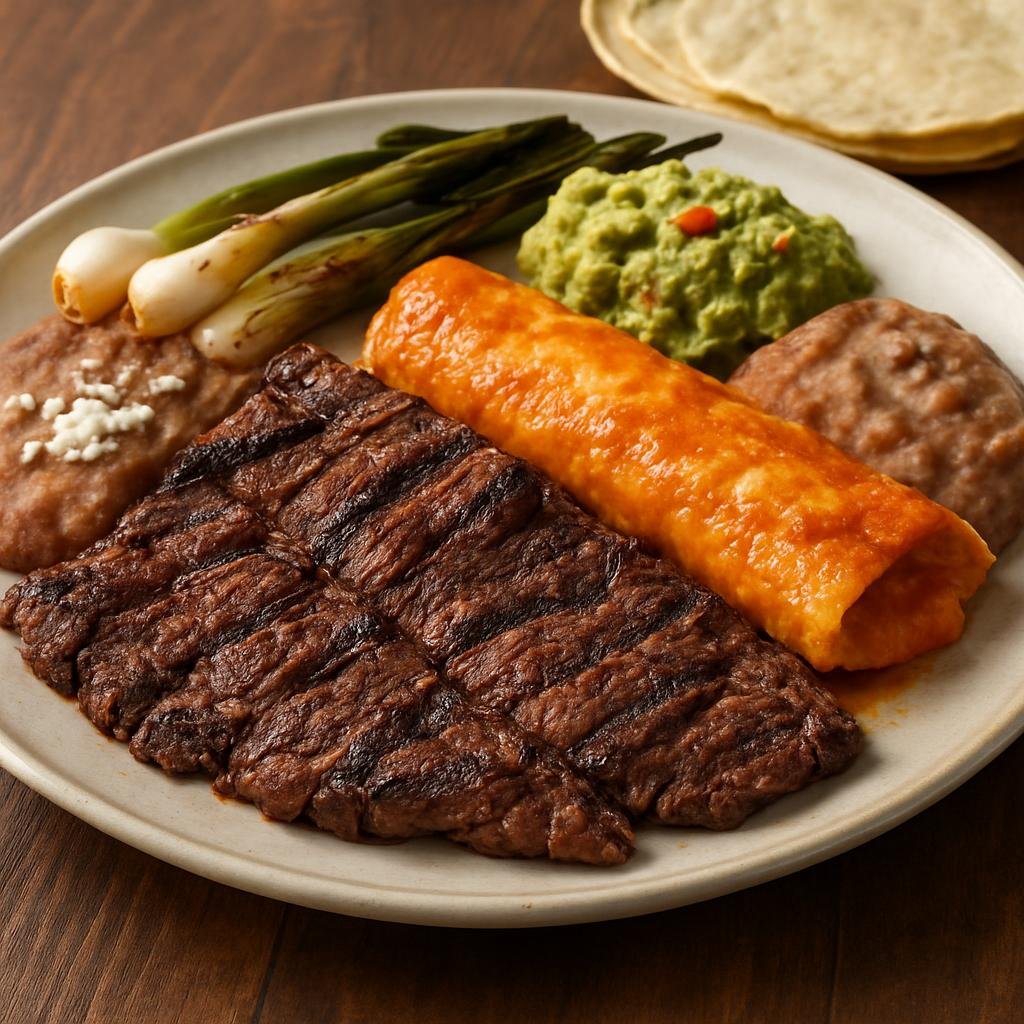 Entree: Mexico – Tamaulipas & Gulf North – Carne Asada a la Tampiqueña (Grilled marinated beef platter from Tampico served with an enchilada, refried beans, guacamole, grilled green onions, and warm tortillas) recipe