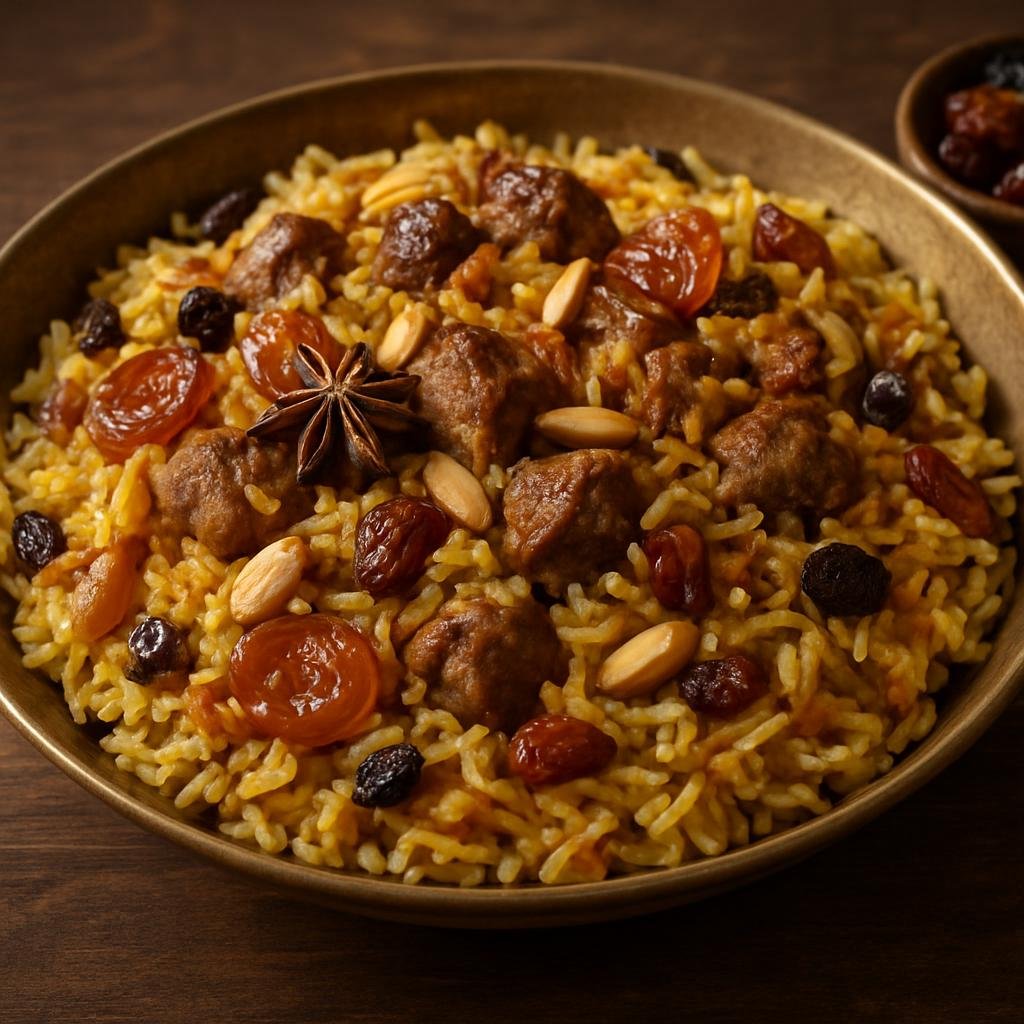 Entree: India – Kashmir – कश्मीरी पुलाव ➤ Kashmiri Pulāv (Fragrant saffron- and spice-scented rice cooked with meat and dried fruits) recipe