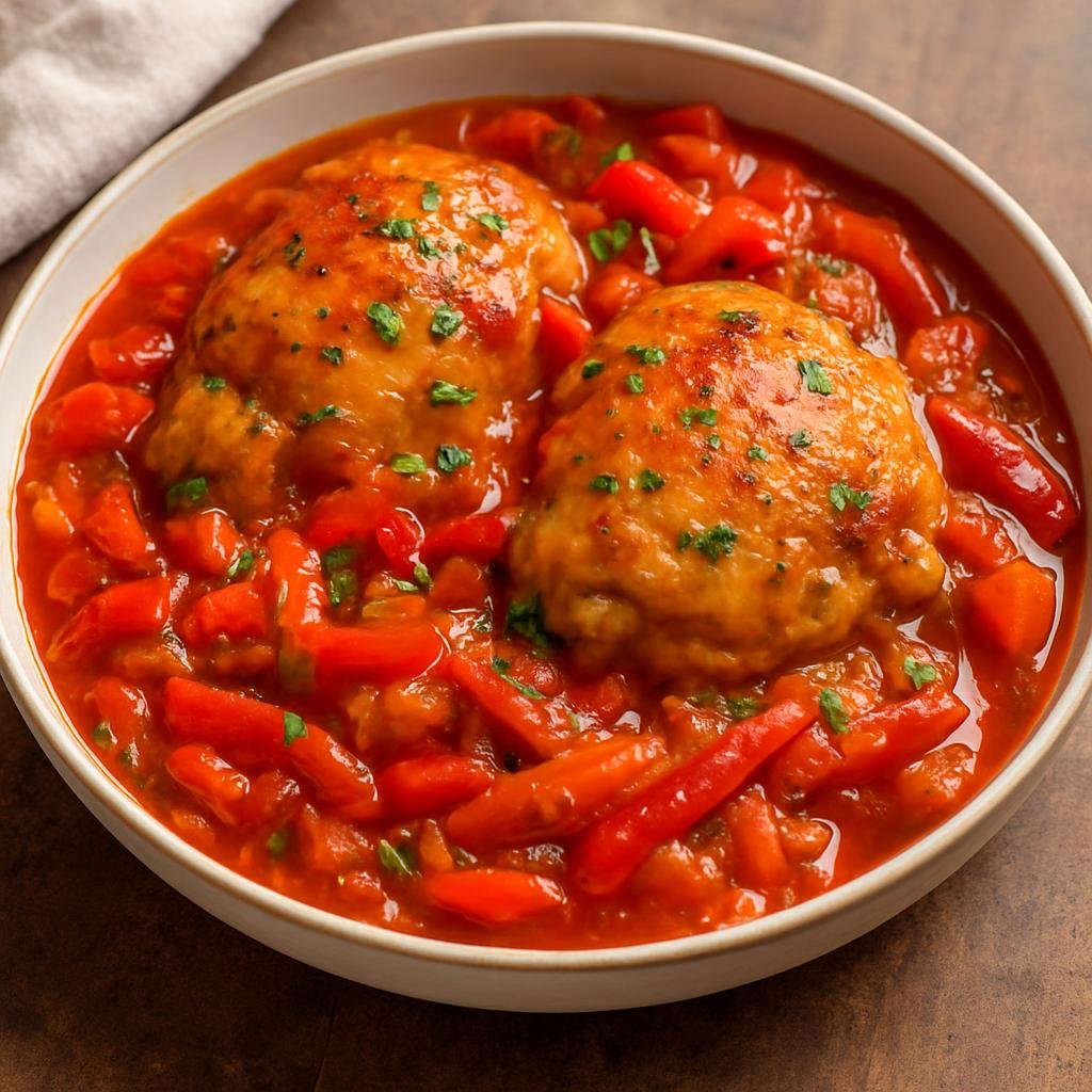 Entree: France – Paris & Ile-de-France – Poulet Basquaise (Basque-style braised chicken in a tomato and bell pepper sauce) recipe