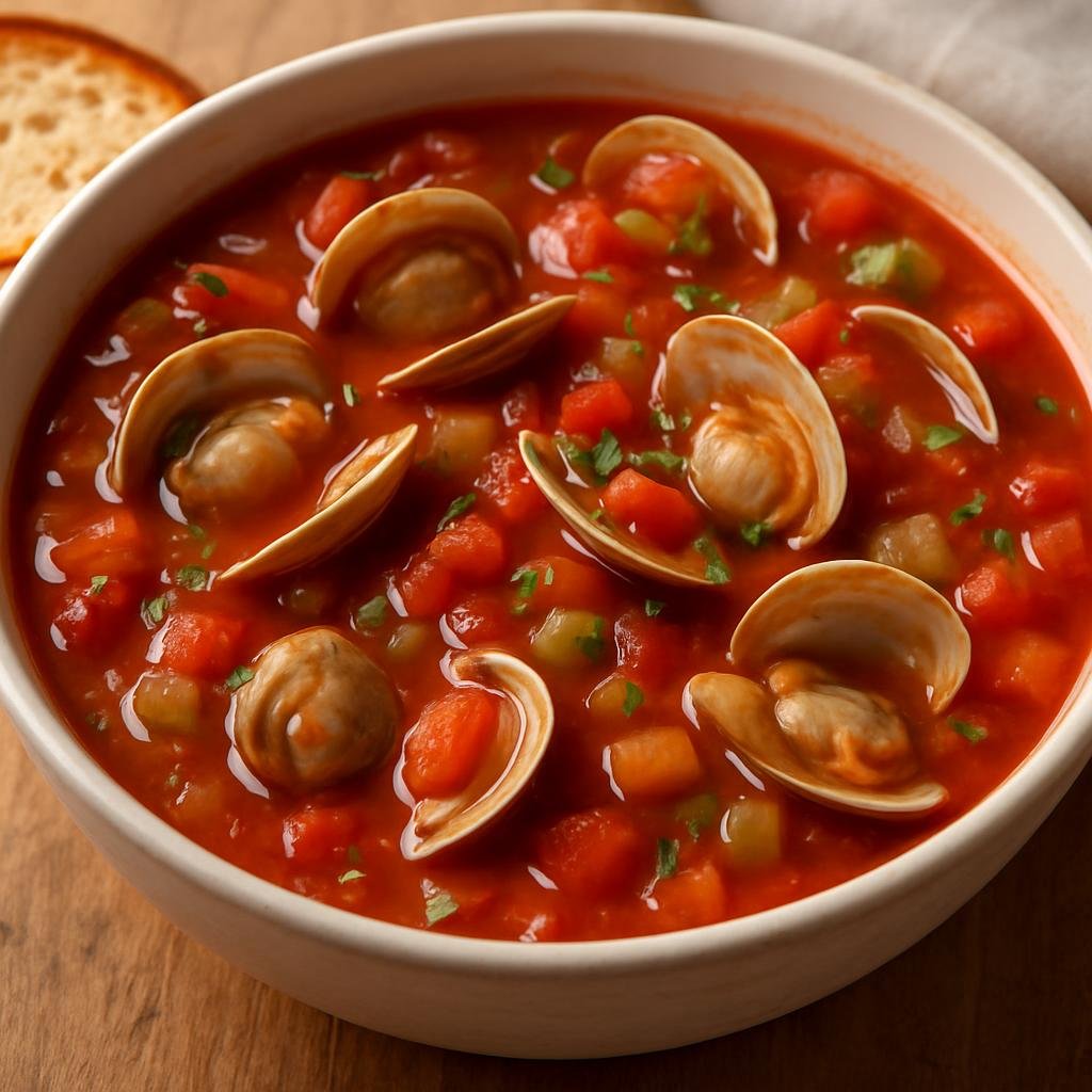 Entree: United States – Mid-Atlantic – Manhattan Clam Chowder (Tomato-based New York–style clam chowder with clams, vegetables, and a savory broth) recipe