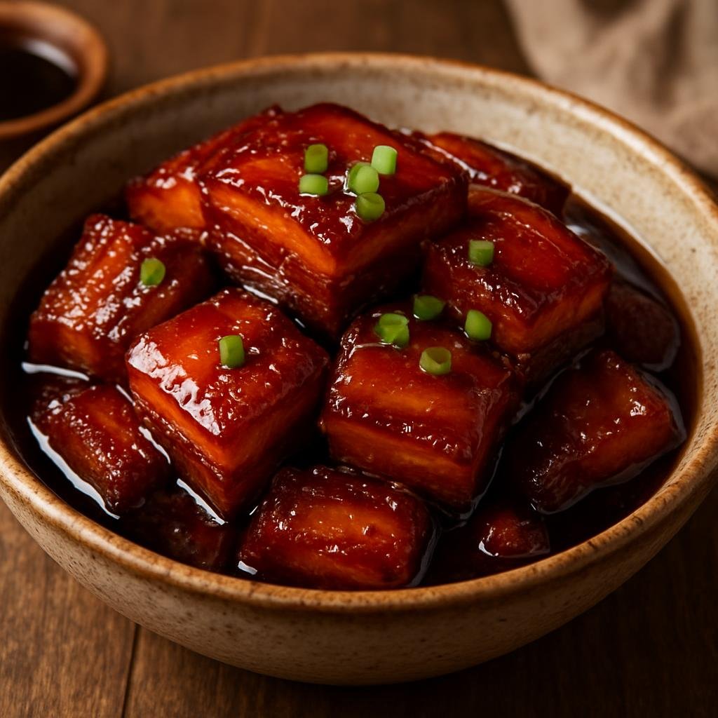 Entree: China – Northeast Dongbei – 东北红烧肉 ➤ Dōngběi hóngshāo ròu (Northeastern Chinese red-braised pork belly slowly caramelized and simmered in soy, sugar, and spices) recipe