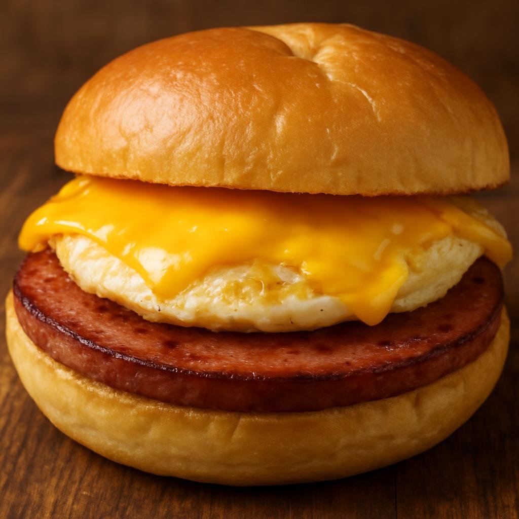 Entree: United States – Mid-Atlantic – Taylor Ham Egg and Cheese (Classic New Jersey breakfast sandwich of fried pork roll with egg and melted cheese on a roll) recipe