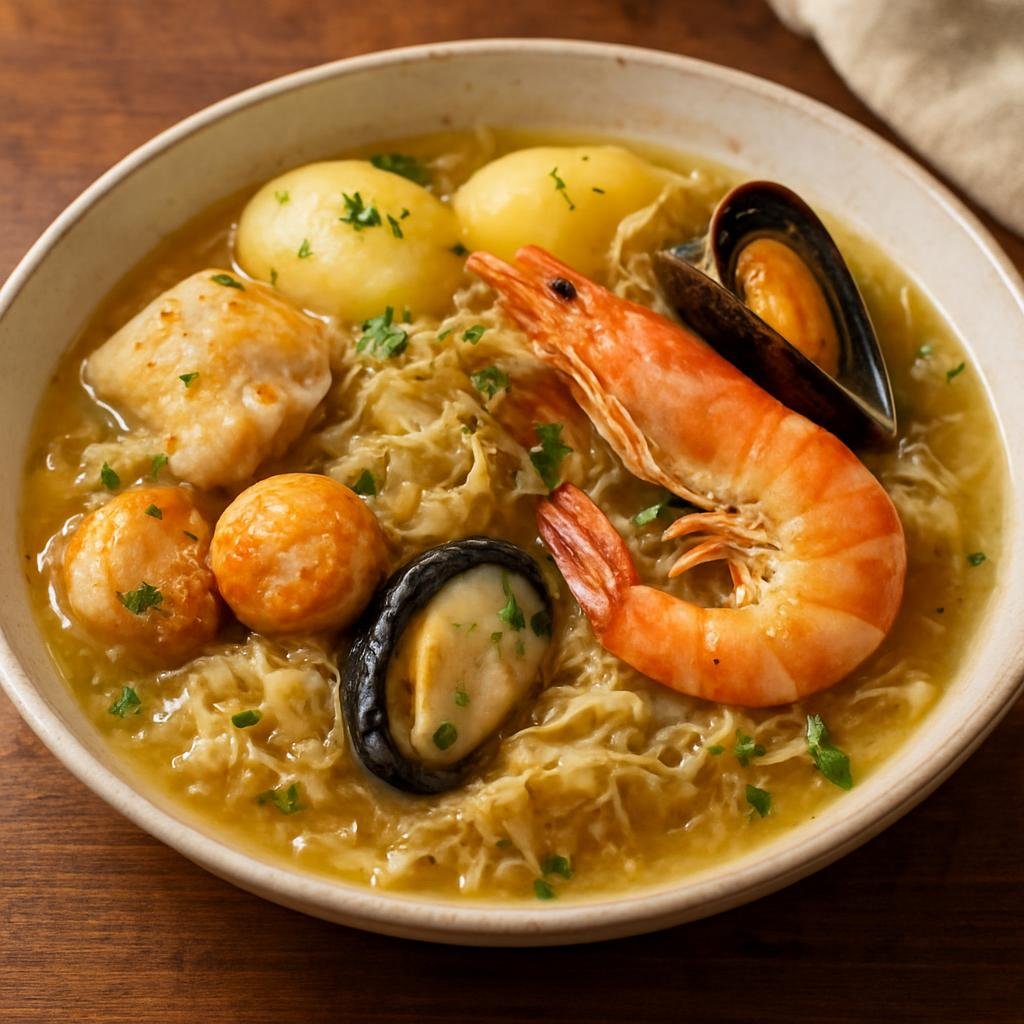 Entree: France – Paris & Ile-de-France – Choucroute de la Mer (Sauerkraut braised with mixed seafood, potatoes, and white wine) recipe