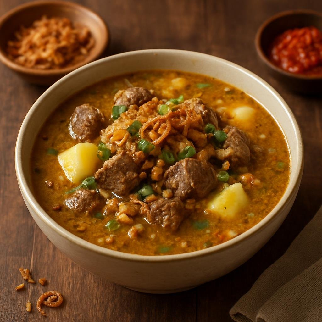 Entree: Indonesia – Sulawesi – Sop Saudara (Makassar-style hearty beef soup with a lightly spiced peanut and aromatic broth) recipe