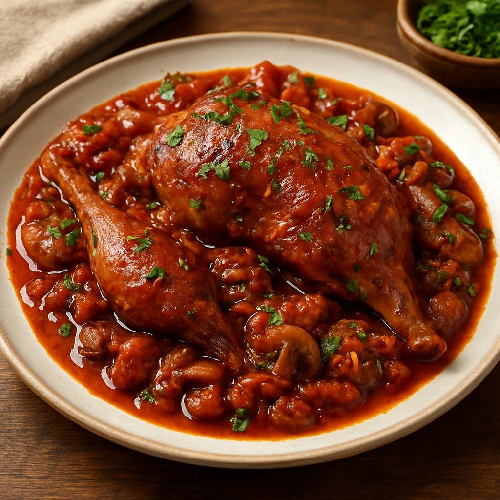 Entree: Italy – Tuscany – Fagiano alla Cacciatora (Tuscan hunter-style braised pheasant in a tomato, wine, and herb sauce) recipe