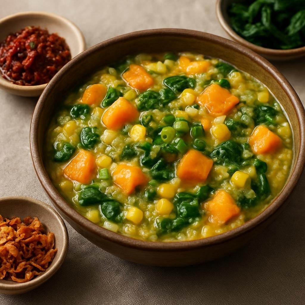 Entree: Indonesia – Sulawesi – Tinutuan (Hearty Manado rice-and-vegetable porridge with pumpkin, sweet potato, corn, and greens served with savory condiments) recipe