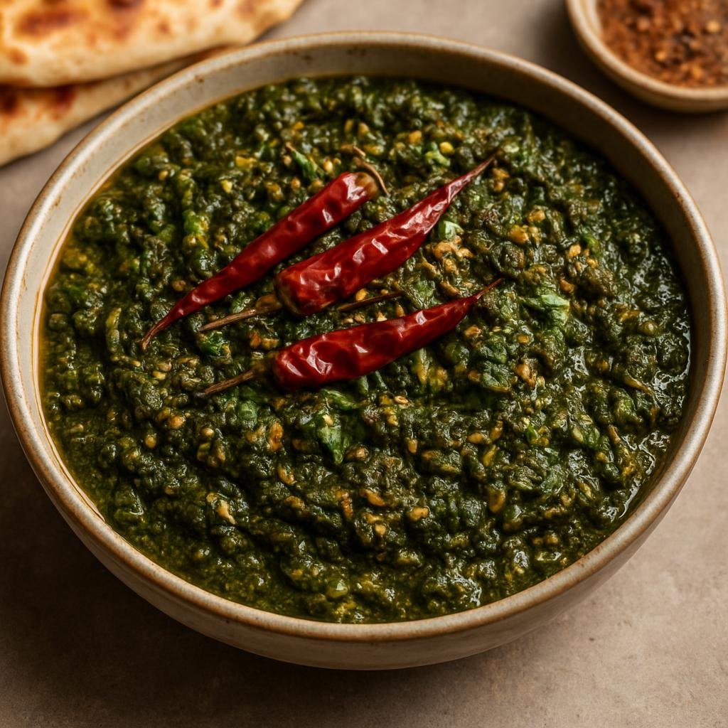 Entree: India – Kashmir – कश्मीरी साग ➤ Kashmiri Saag (A slow-cooked leafy greens curry from Kashmir made with mustard and spinach, aromatics and warming spices) recipe