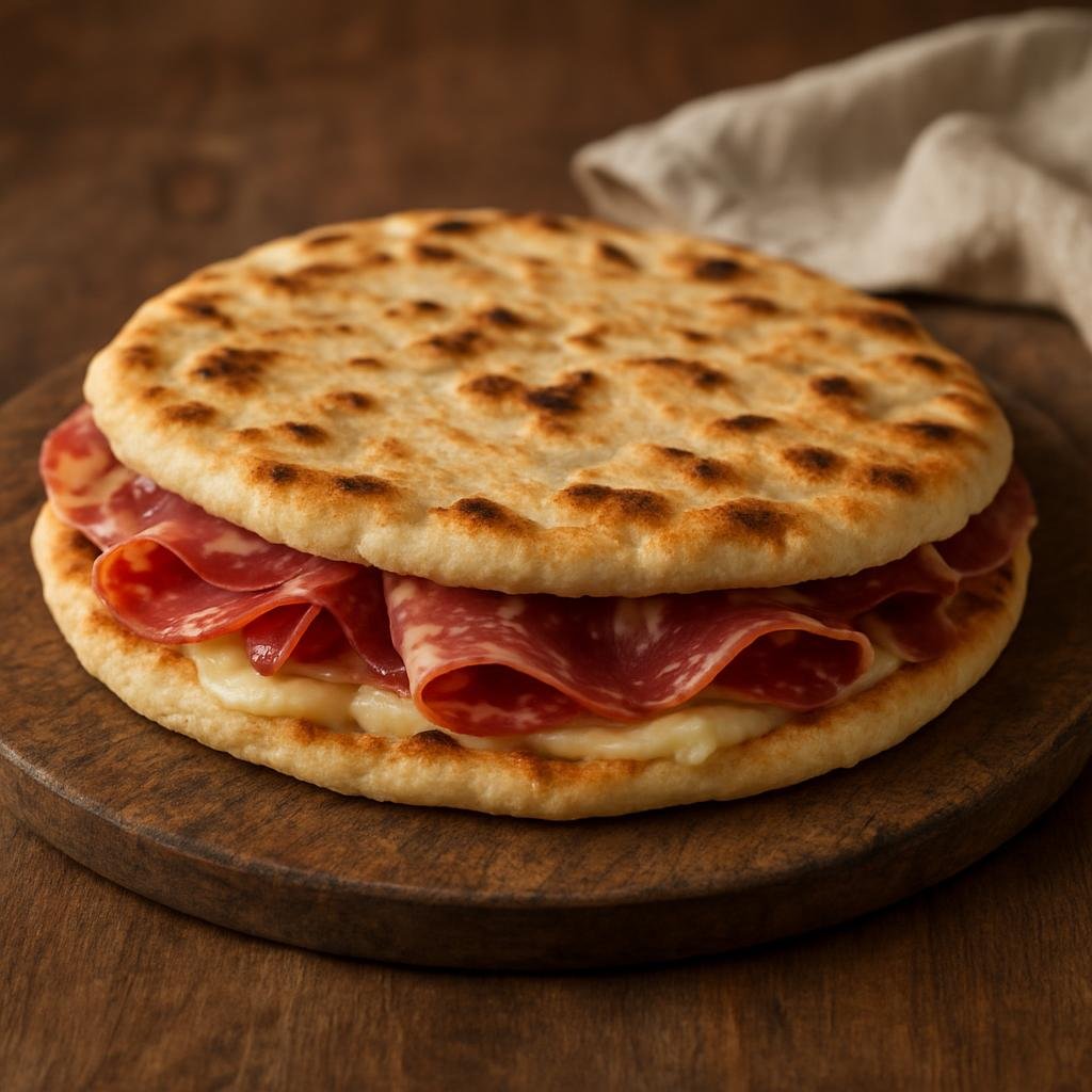 Entree: Italy – Umbria – Torta al Testo (Rustic Umbrian flatbread cooked on a hot griddle, often filled with cured meats or cheeses) recipe