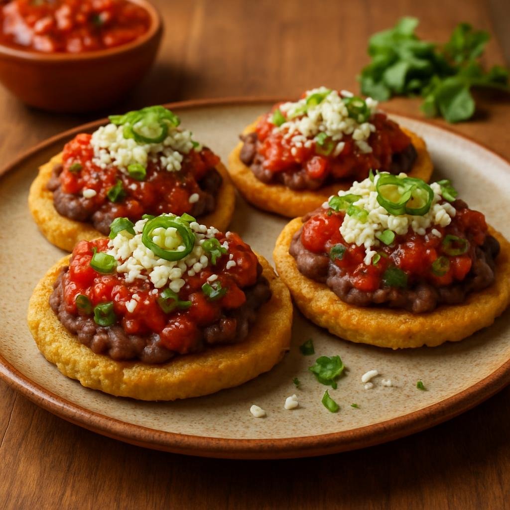 Entree: Mexico – Veracruz – Picaditas Veracruzanas (Small thick fried corn masa cakes topped with beans, salsa, cheese, and garnishes) recipe