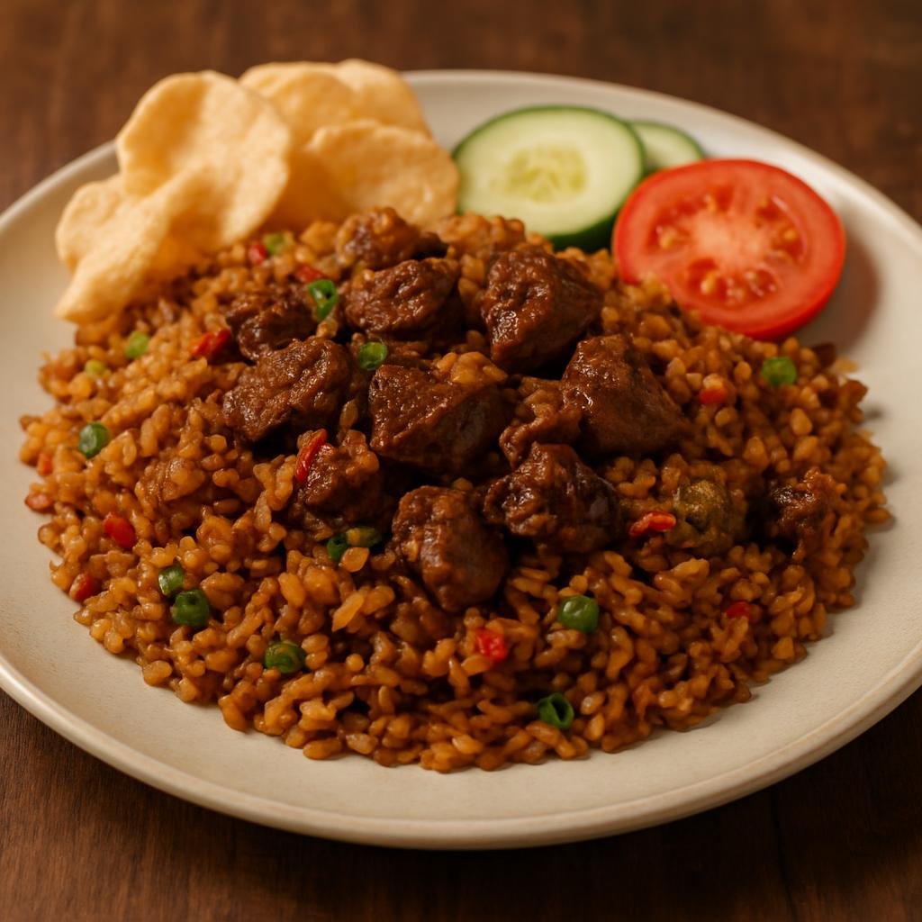 Entree: Indonesia – Sumatra – Nasi Goreng Kambing (Sumatran-style spiced fried rice cooked with seasoned goat meat) recipe
