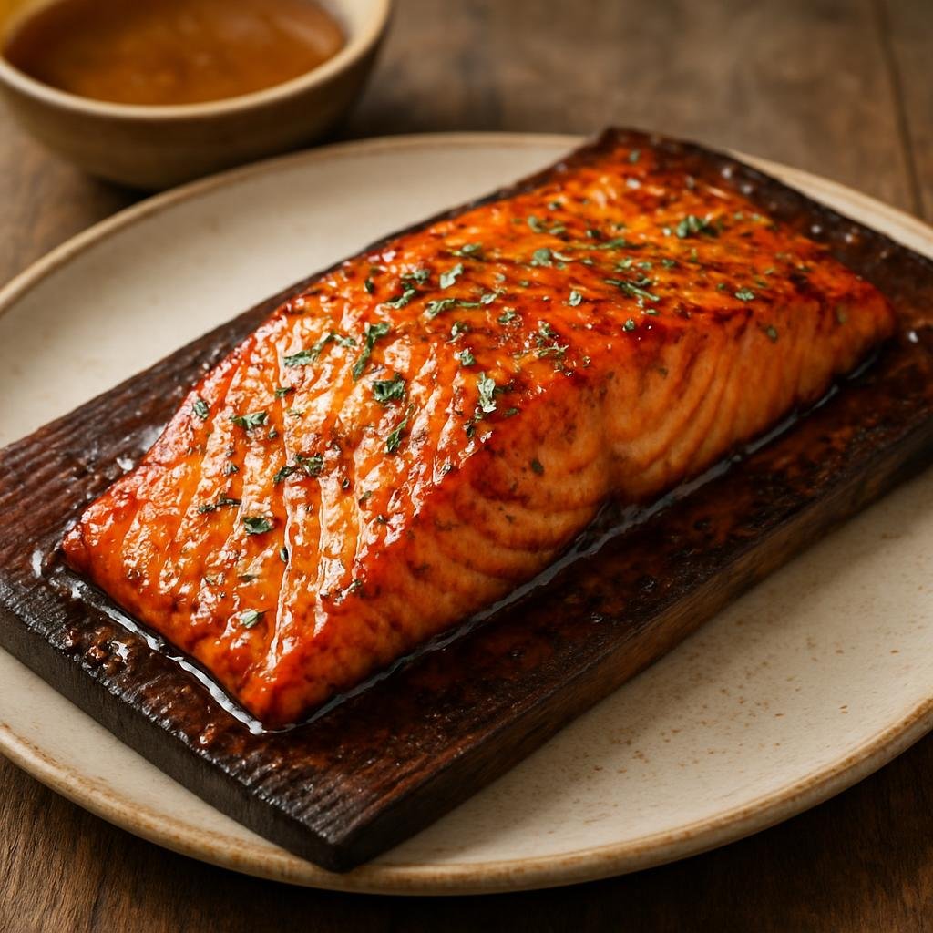 Entree: United States – Native American / Indigenous – Cedar-Planked Salmon (Salmon fillets roasted on a soaked cedar plank to impart a smoky, resinous flavor, often finished with a light sweet-salty glaze) recipe