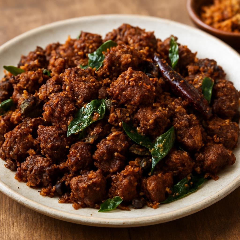Entree: India – Kerala Malabar – ബീഫ് ഉലർത്തിയത് ➤ Beef Ularthiyathu (Dry-roasted Malabar-style spiced beef cooked with coconut, curry leaves, and whole spices) recipe