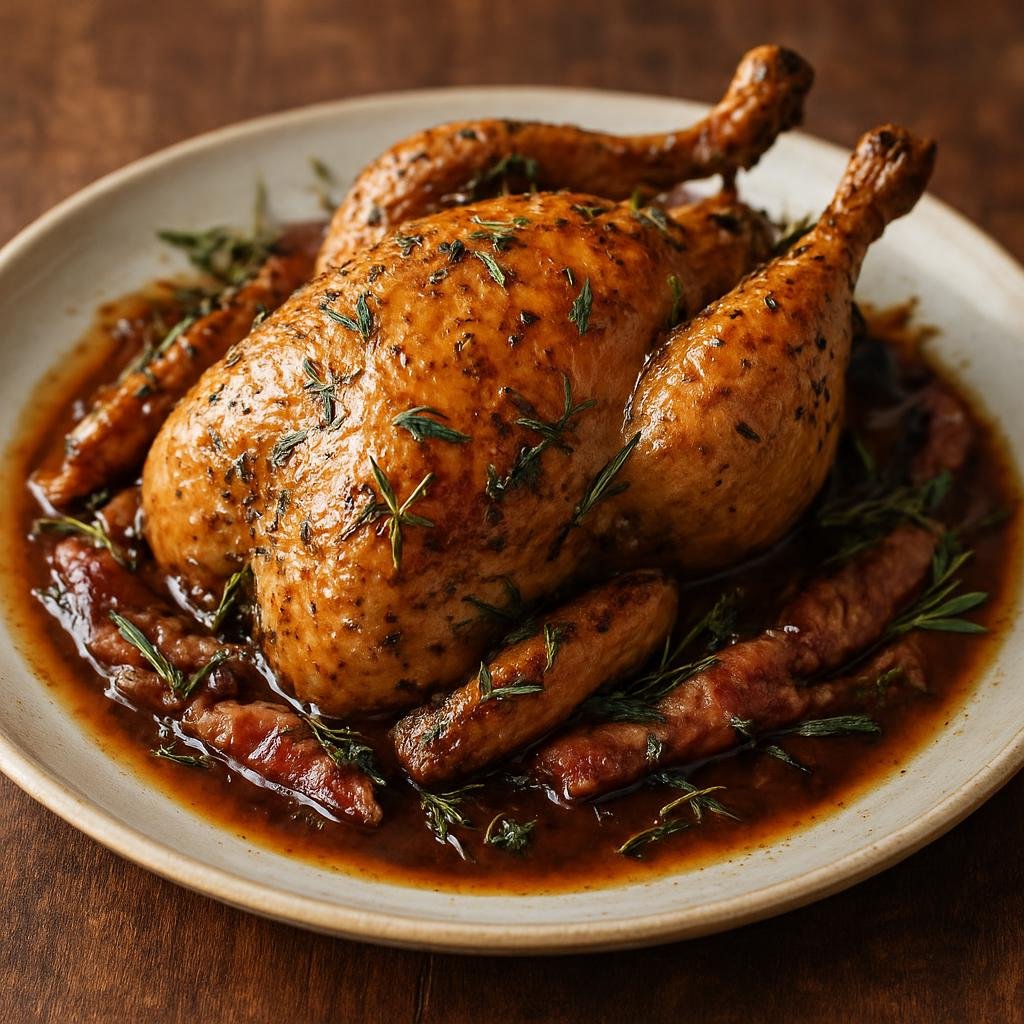 Entree: Italy – Umbria – Faraona alla Leccarda (Roasted guinea fowl with Umbrian herbs, pancetta, and a wine-pan sauce) recipe