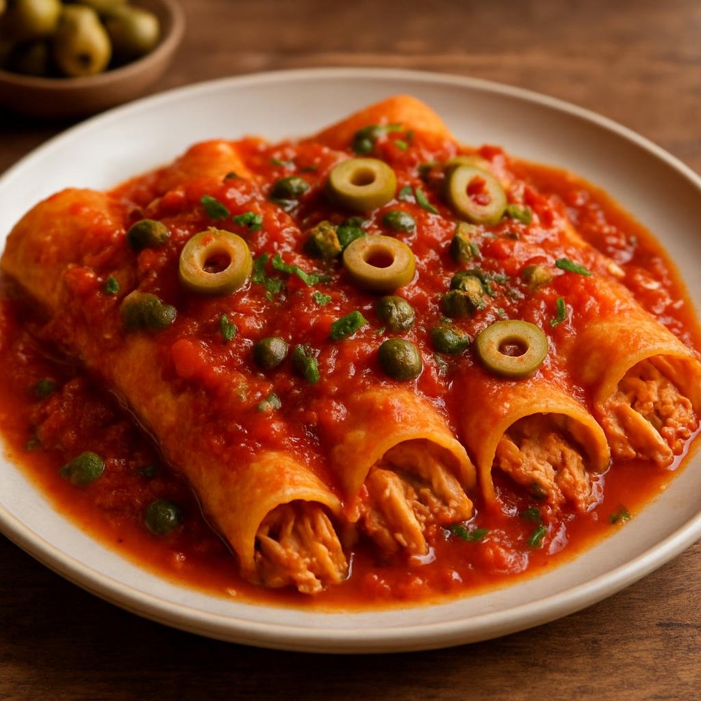 Entree: Mexico – Veracruz – Enchiladas Veracruzanas (Corn tortillas filled with chicken and topped with a tomato, olive and caper sauce in the Veracruz style) recipe