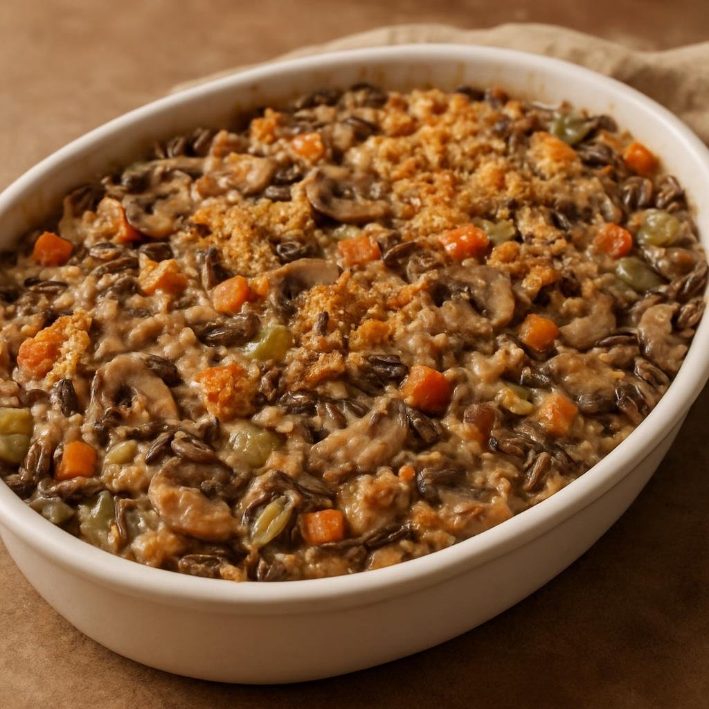 Entree: United States – Native American / Indigenous – Wild Rice Casserole (Baked mixture of wild rice, mushrooms, vegetables, and shredded turkey bound in a savory creamy sauce) recipe