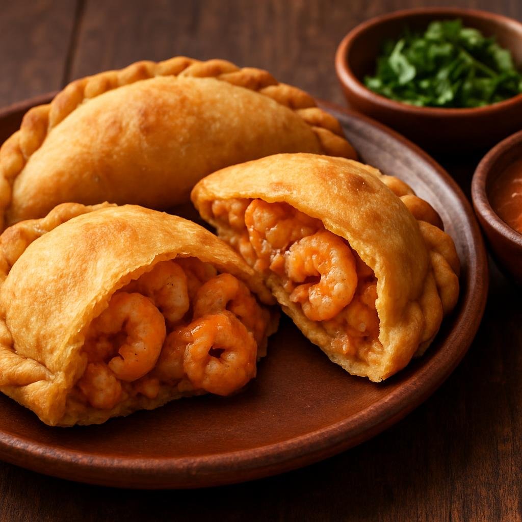 Entree: Mexico – Veracruz – Empanadas de Camarón (Shrimp-filled savory turnovers typical of Veracruz, with a seasoned shrimp filling encased in a flaky wheat dough) recipe