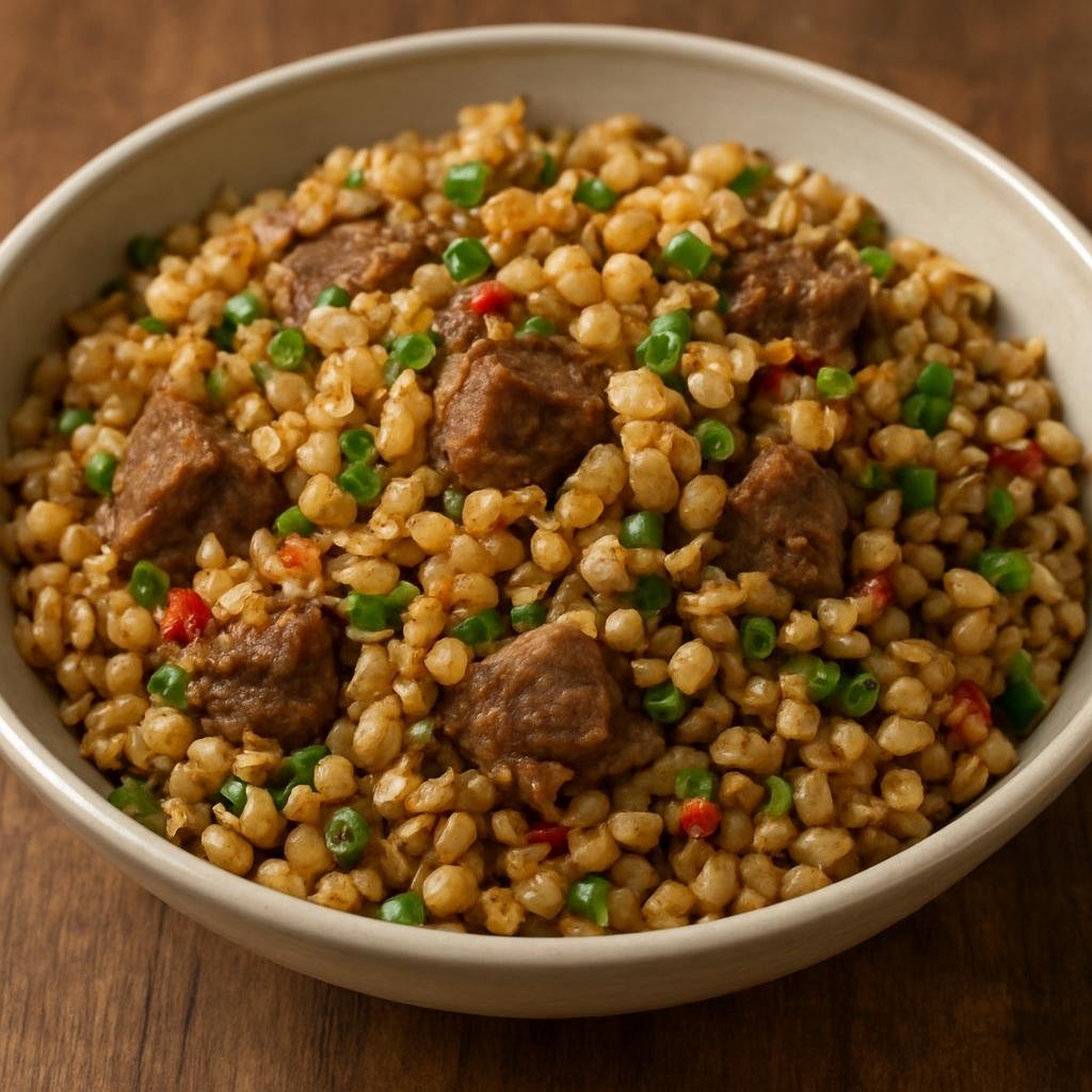 Entree: China – Qinghai – 青海青稞饭 ➤ Qīnghǎi qīngkē fàn (Hearty pilaf of highland barley cooked with mutton and aromatics from Qinghai) recipe