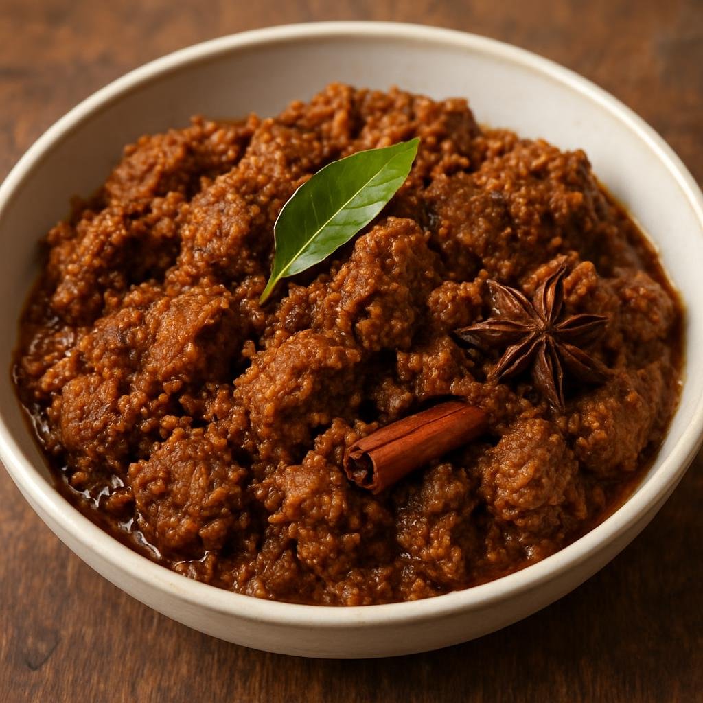 Entree: India – Kerala Malabar – ഇരച്ചി വറുത്തറച്ച കറി ➤ irachi varutharacha kari (Kerala-style spiced meat curry cooked with roasted grated coconut and whole spices) recipe