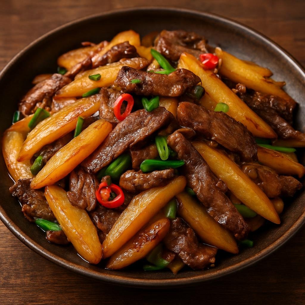 Entree: China – Qinghai – 牦牛炒土豆 ➤ Máoniú chǎo tǔdòu (Quick wok-fried potatoes tossed with sliced yak meat and aromatics) recipe