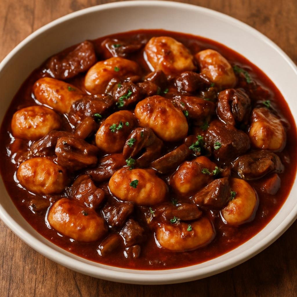 Entree: Italy – Umbria – Gnocchi al Sagrantino (Potato dumplings served in a rich Sagrantino red-wine meat and mushroom sauce) recipe
