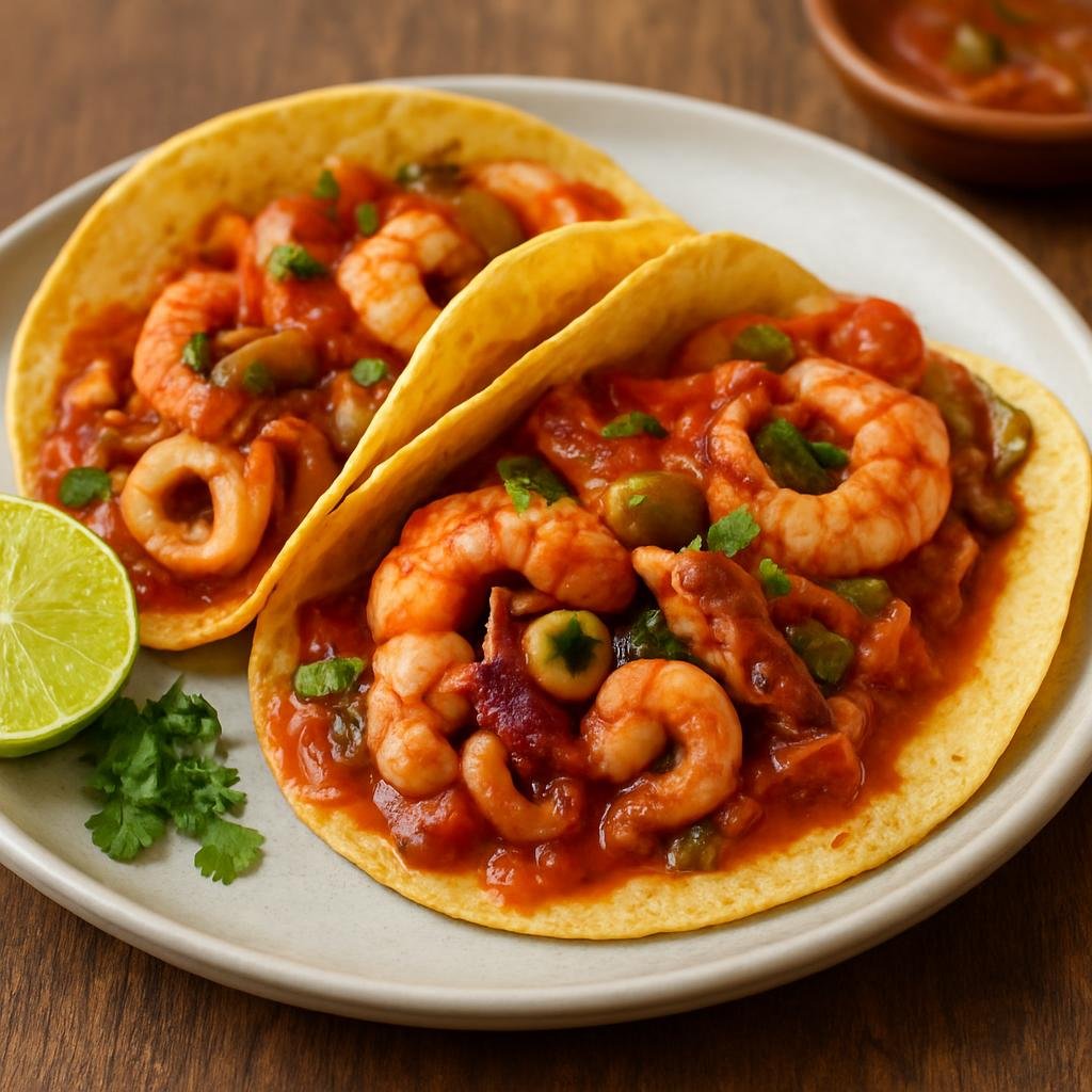 Entree: Mexico – Veracruz – Tacos de Mariscos (Corn tortillas filled with mixed seafood simmered in a Veracruz-style tomato, olive, and caper sauce) recipe