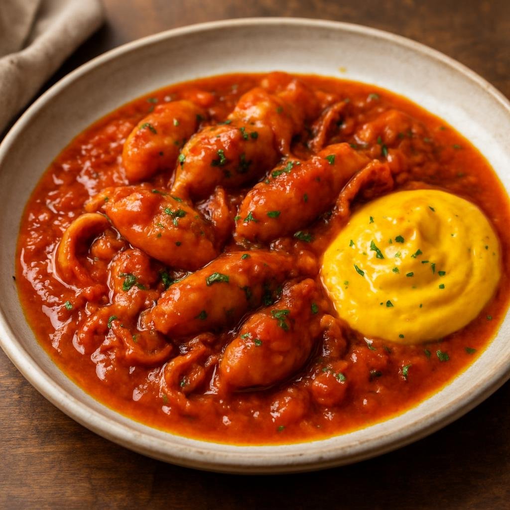 Entree: France – Provence – Rouille de Seiche (Cuttlefish braised in Provencal tomato and wine sauce served with garlicky saffron rouille) recipe