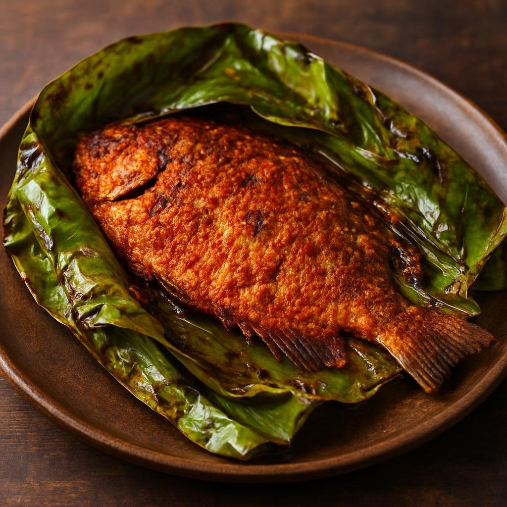 Entree: India – Kerala Travancore – കരിമീൻ പൊള്ളിച്ചത് ➤ karimeen pollichathu (Pearl spot fish marinated in spices, wrapped in banana leaf and pan-roasted in coconut oil) recipe