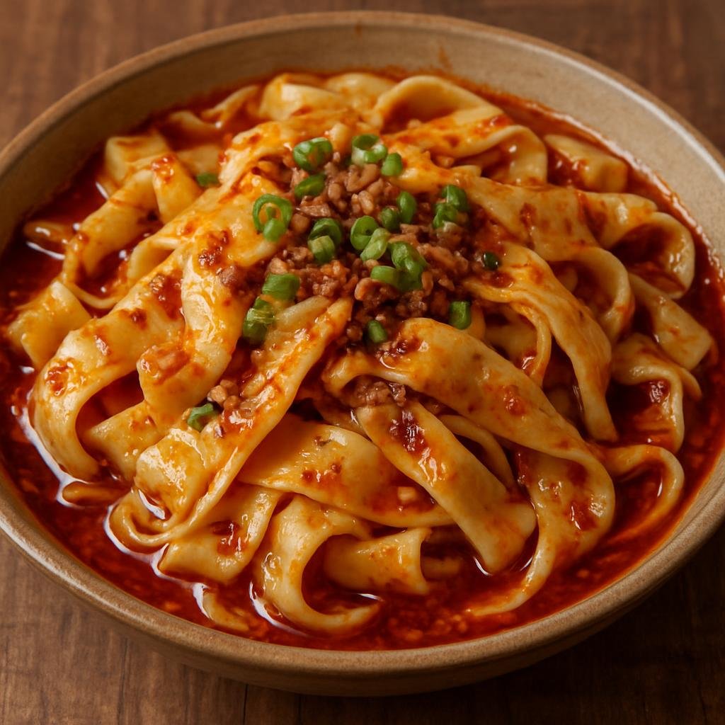 Entree: China – Shaanxi – biángbiáng 面 ➤ Biángbiáng miàn (Wide, hand-pulled wheat noodles tossed in spicy chili oil with savory garlic and vinegar seasonings) recipe