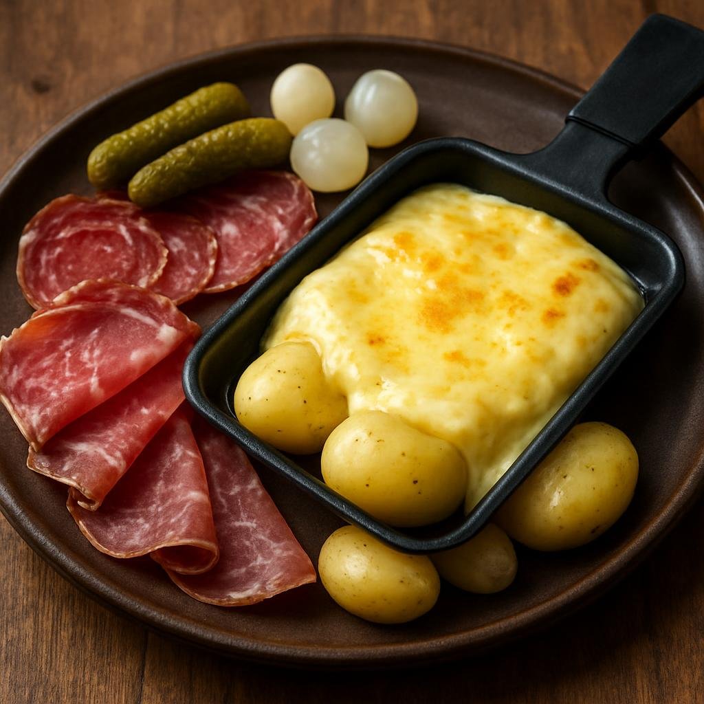 Entree: France – Savoy / Alps – Raclette (Melted cow's milk cheese scraped over boiled potatoes and served with charcuterie and pickles) recipe