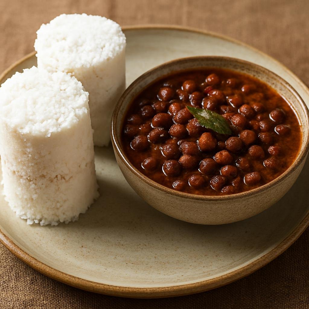 Entree: India – Kerala Travancore – പുട്ടും കടല കറി ➤ Puttuṁ Kadala Kari (Steamed layered rice flour and fresh coconut cylinders served with a spiced black chickpea coconut curry) recipe
