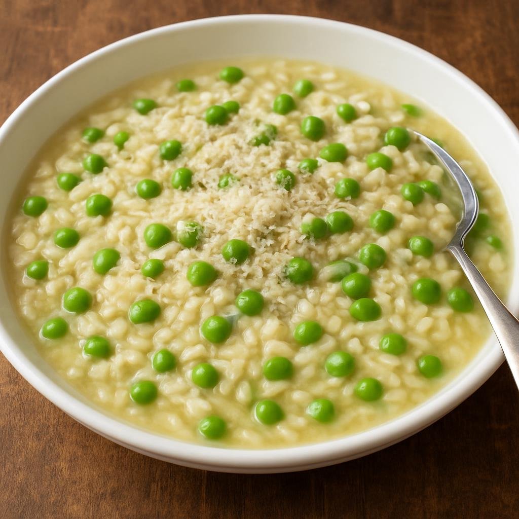 Entree: Italy – Veneto – Risi e Bisi (Venetian rice-and-pea dish cooked to a brothy, risotto-like consistency with butter and Parmesan) recipe