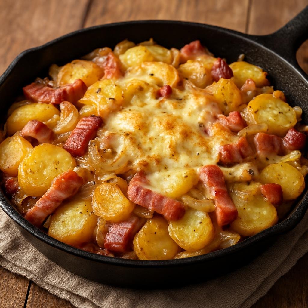 Entree: France – Savoy / Alps – Pôlée Savoyarde (Skillet of sautéed potatoes, smoked bacon, onions, and melted mountain cheese typical of the Savoy region) recipe