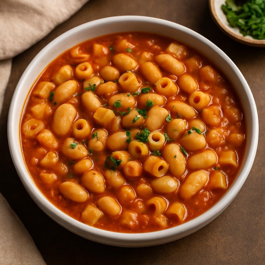 Entree: Italy – Veneto – Pasta e Fagioli (Hearty Italian pasta-and-beans stew cooked in a savory tomato and aromatic broth) recipe