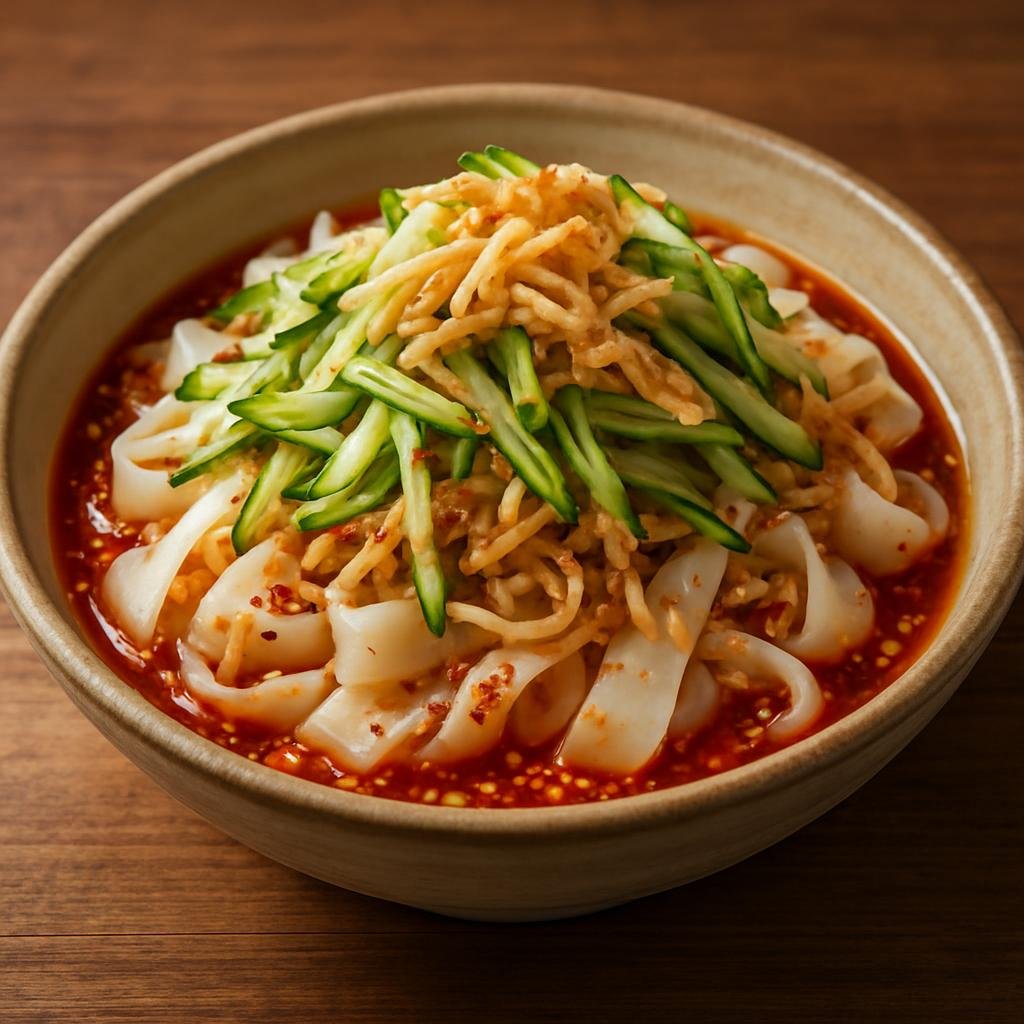 Entree: China – Shaanxi – 陕西凉皮 ➤ Shǎnxī liángpí (Cold starch-based flat noodles dressed with a spicy-sour sesame and chili sauce topped with cucumber and shredded gluten) recipe