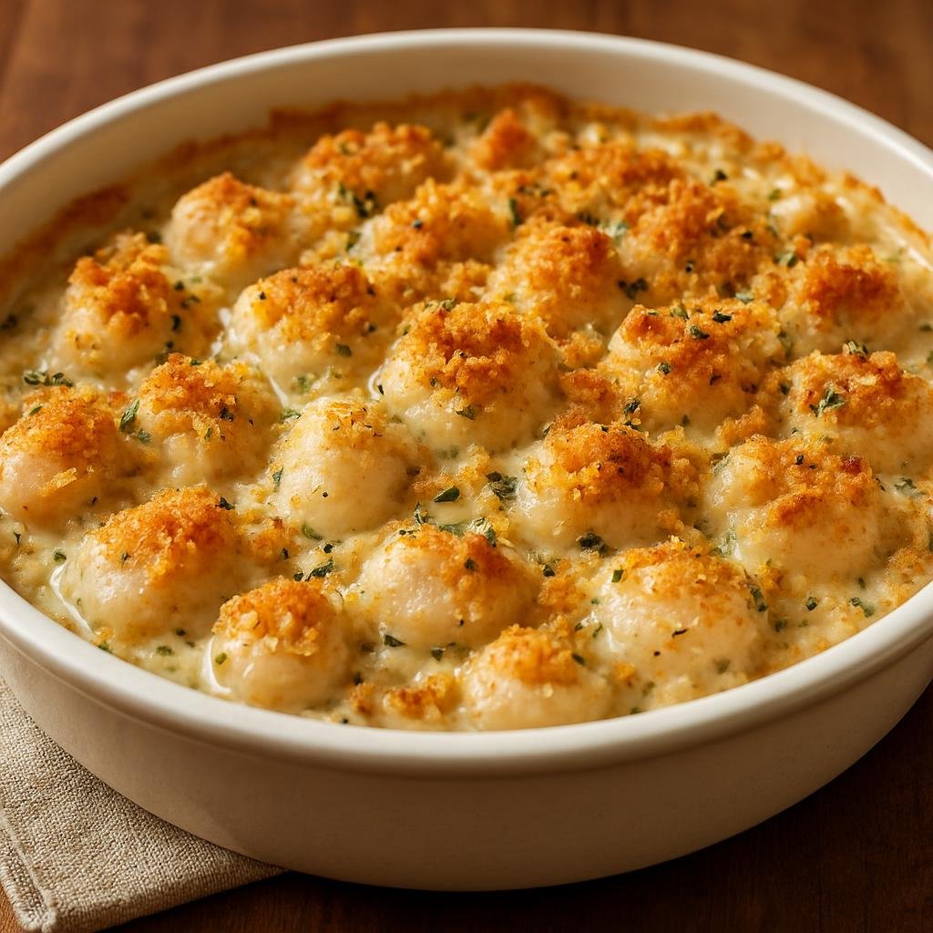 Entree: United States – New England – Scallop Casserole (Baked New England-style scallops in a creamy, seasoned sauce with a buttery breadcrumb topping) recipe
