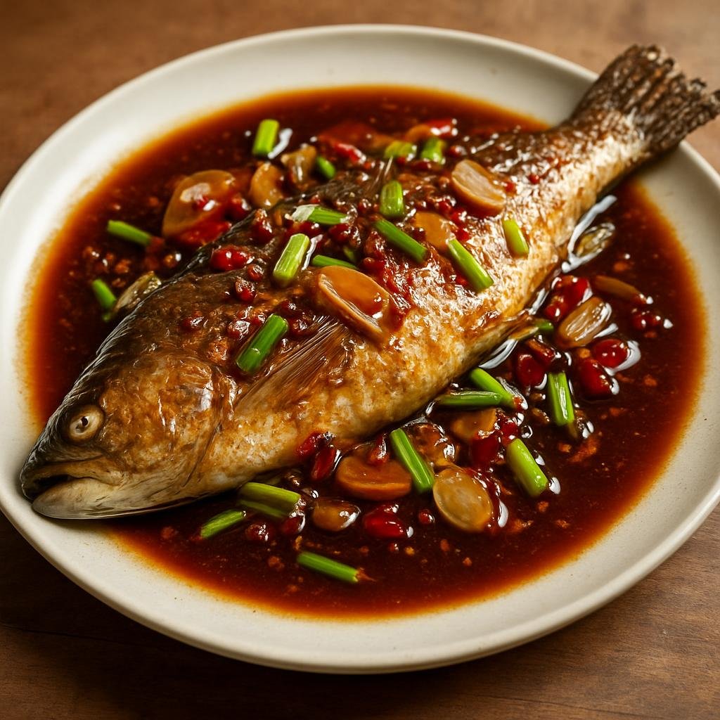 Entree: China – Shaanxi – 秦岭鳟鱼 ➤ Qínlǐng zūnyú (Freshwater trout from the Qinling Mountains prepared with Shaanxi-style aromatics and soy-based seasoning) recipe