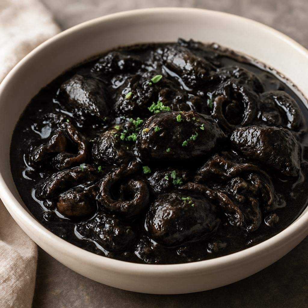 Entree: Italy – Veneto – Seppie in Nero (Cuttlefish cooked in its own black ink to make a rich, savory black sauce) recipe