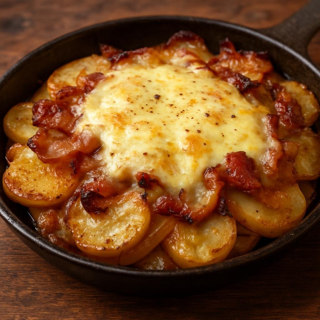 Entree: France – Savoy / Alps – Péla (Savoyard pan-fried potato and onion gratin finished with melted Reblochon and bacon) recipe