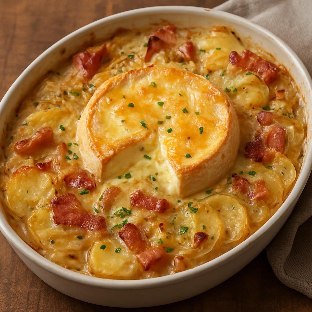 Entree: France – Savoy / Alps – Reblochonade (Baked Savoyard gratin of sliced potatoes with Reblochon cheese, cream, onions and smoked bacon) recipe
