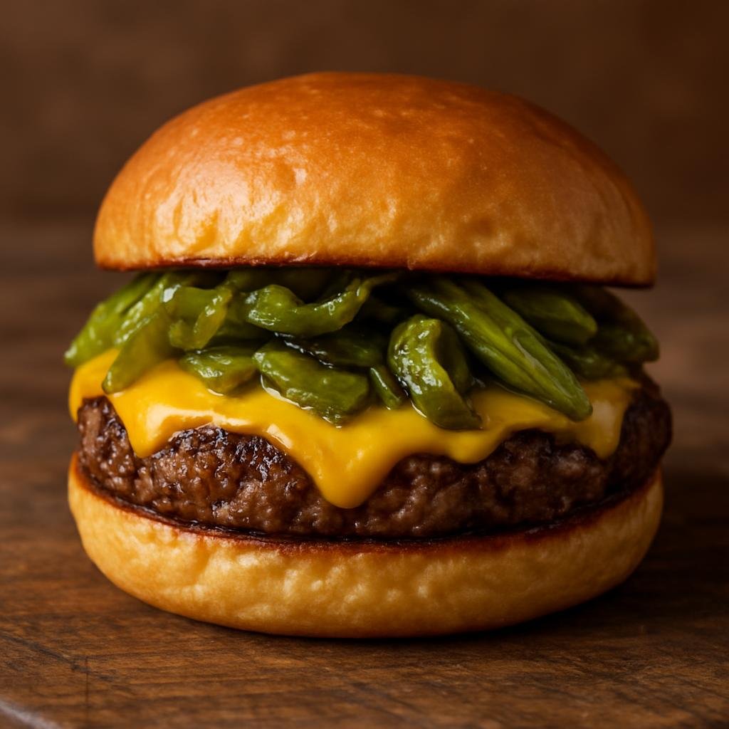 Entree: United States – New Mexico – Green Chile Cheeseburger (Beef cheeseburger topped with roasted New Mexico green chiles and melted cheese) recipe