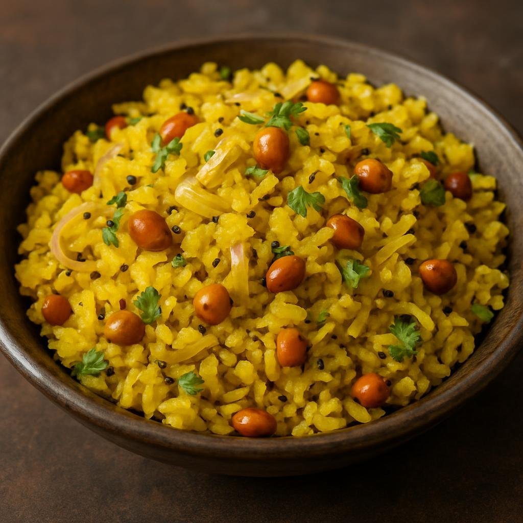 Entree: India – Madhya Pradesh – पोहा ➤ Poha (Light, spiced flattened rice cooked with onions, mustard seeds, turmeric, and peanuts) recipe